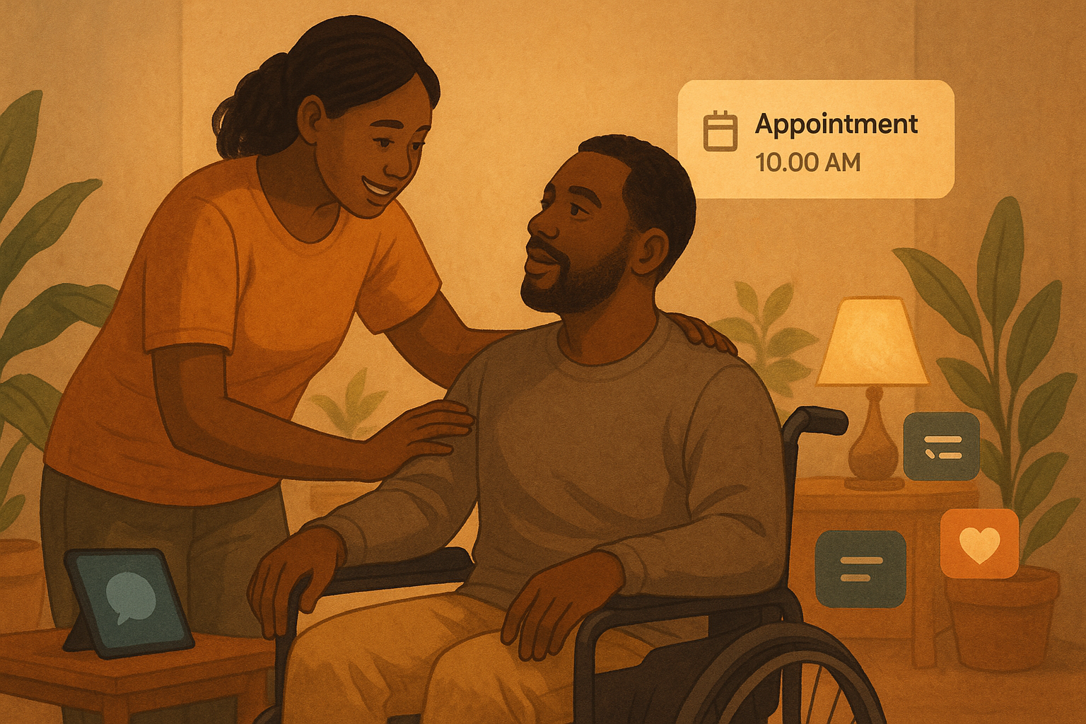 Ghibli-style illustration of a caregiver helping a person with disability, surrounded by floating UI elements representing the app's features