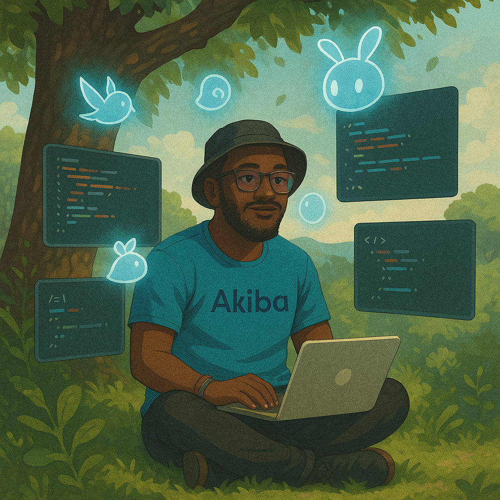 Ghibli-style illustration of a software engineer working on multiple screens with floating code elements and whimsical digital creatures