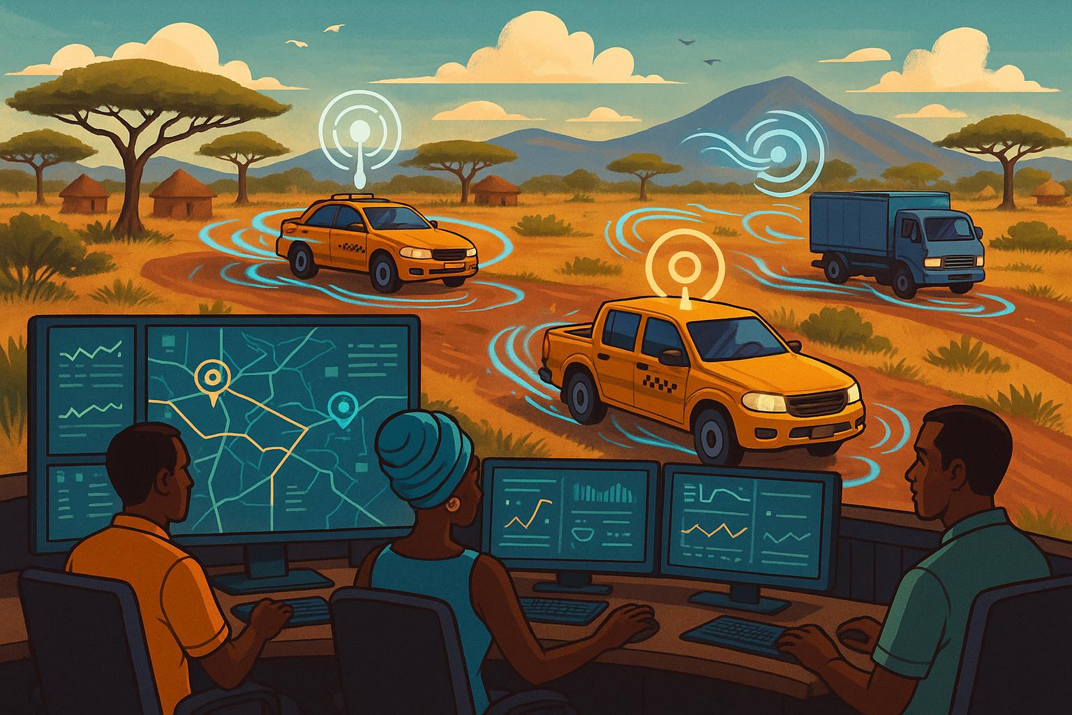 Ghibli-style illustration of vehicles moving along roads with magical tracking elements and a command center where people are monitoring the fleet