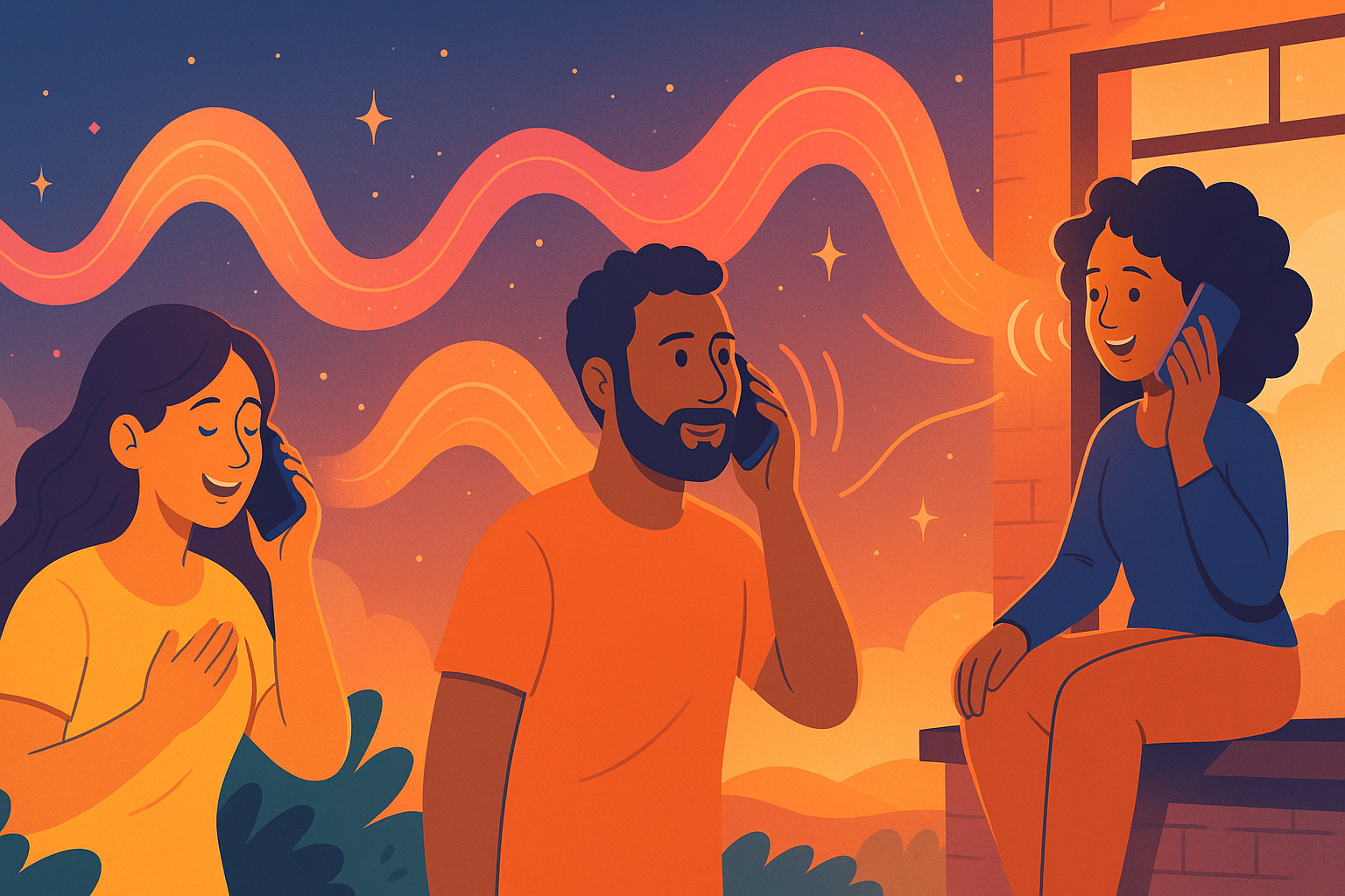 Ghibli-style illustration of people communicating across distances with magical sound waves connecting them, representing VOIP technology